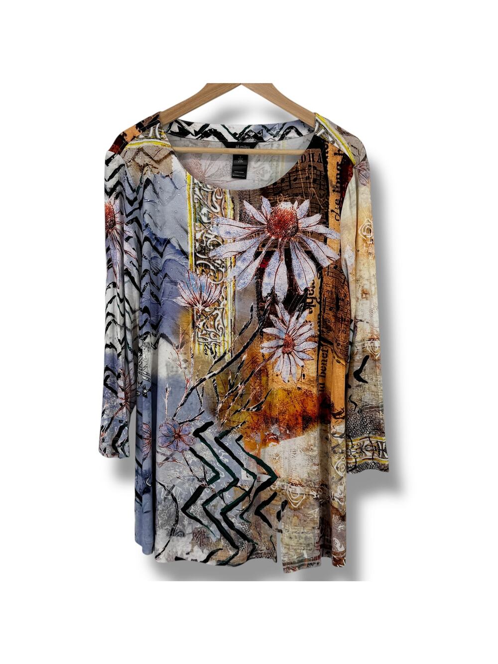Ali Miles Gel Dot Floral Tunic Top Shirt Size Large Floral Sunflower Artsy